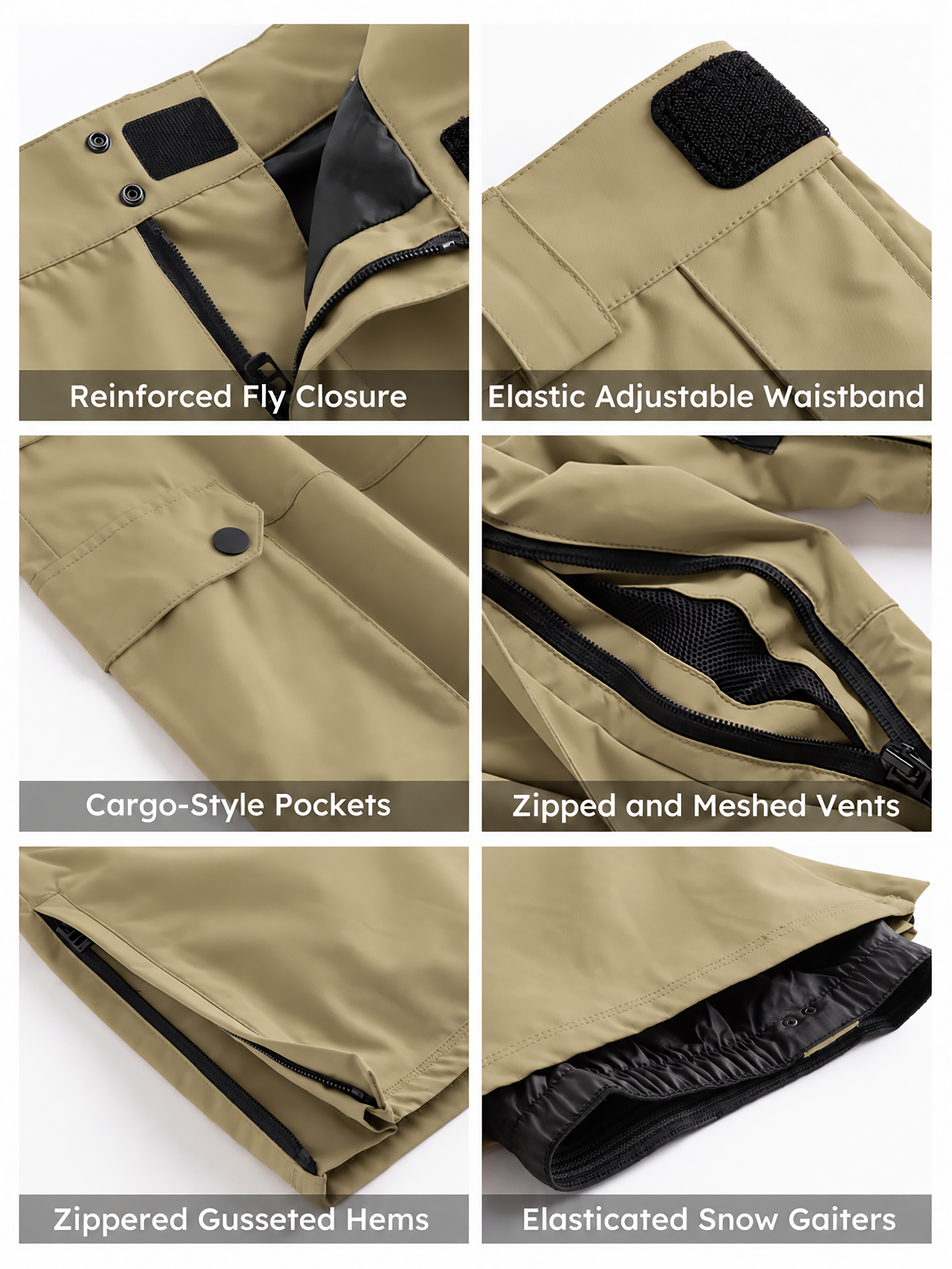 Iconic Cargo Ski Pants for Men & Women, Waterproof Snow Pants Khaki