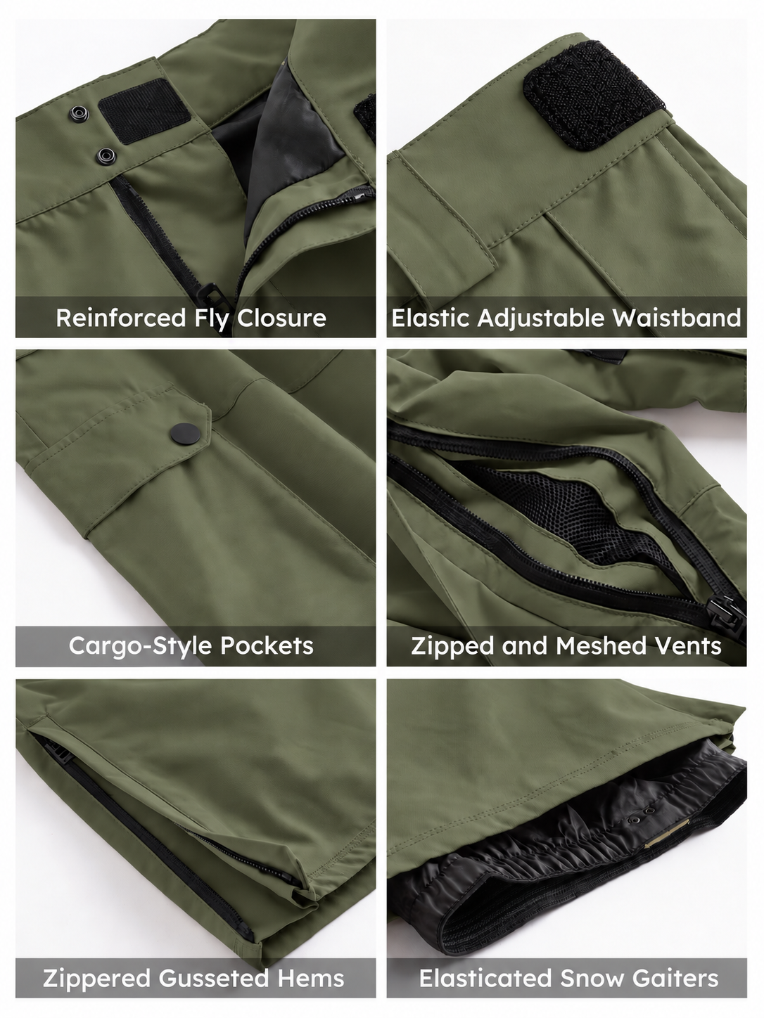 Iconic Cargo Ski Pants for Men & Women, Waterproof Snow Pants Olive Green